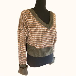 Pink Republic oversized chunky knit striped v neck crop sweater • size L